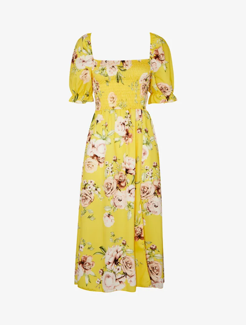 Robe imprimée à buste élastiqué - Jaune